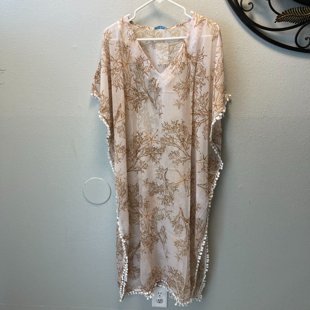 Modaposa Sheer Beach Cover-Up Kaftan With Coral Print & Pom-Pom Trim
